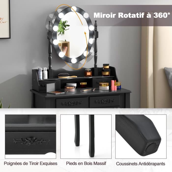 Coiffeuse Avec Miroir Pivotant 360° Et 5 Tiroirs - Table De Maquillage Blanc, Tabouret Rembourré Inclus