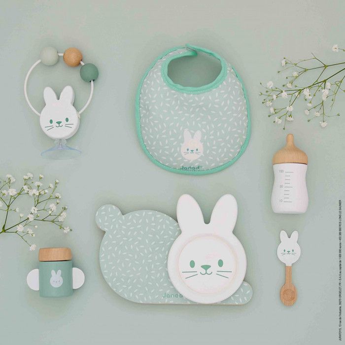Set Poupon D jeuner en Bois et Bavoir en Tissus JANOD Inclus 7