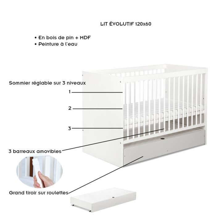 Berceau bébé lit bébé avec tiroir 120x60cm blanc mat barreaux