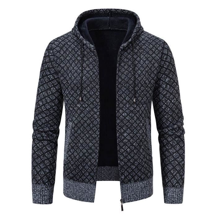 Cardigan Homme Automne Hiver En Tricot Double Polaire Zippe Carreaux Chaud Epais Gris fonce