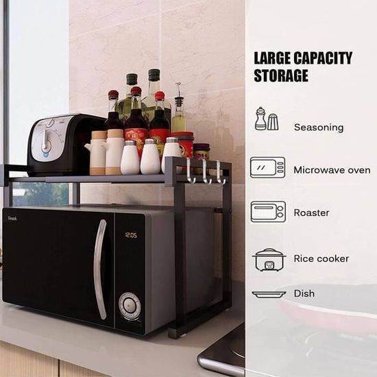 Étagère Micro-ondes Extensible 3 Niveaux - Acier Carbone, Réglable 40-63 Cm, 6 Crochets, Support 150 Kg, Noir