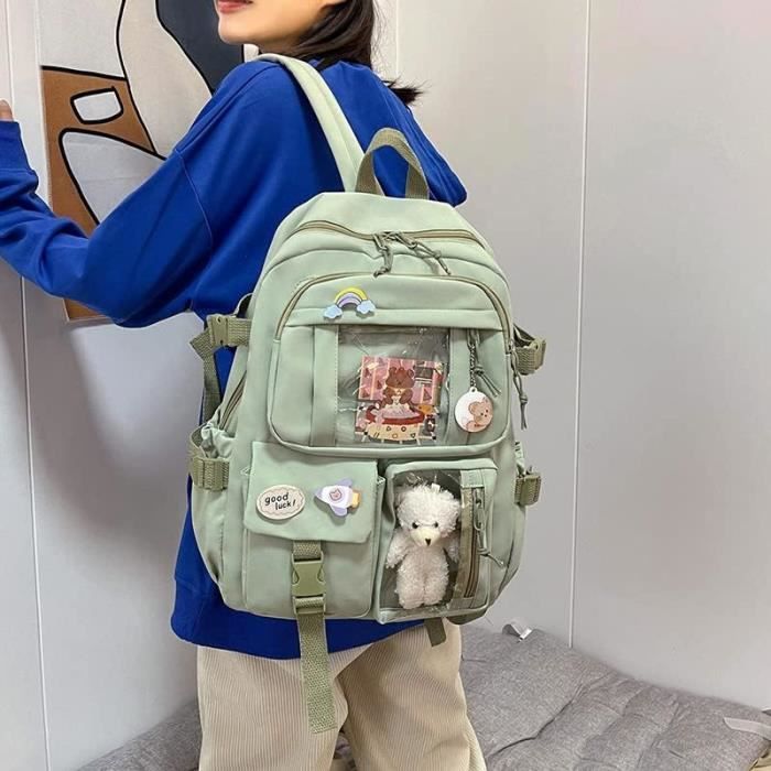 Kawaii Sac à dos avec épingle Kawaii et accessoires, grande capacité, ours  mignon, accessoires sac à dos pour école, multi-poches, sac d'école kawaii