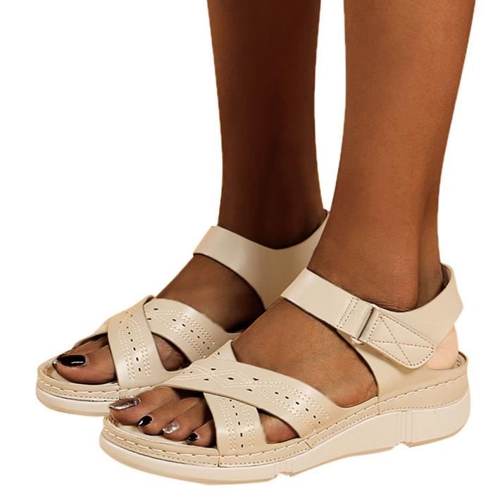 Sandales compensees Talon compense colle decontracte a la mode pour femmes sandales confortables de grande taille Beige Cdiscount Chaussures