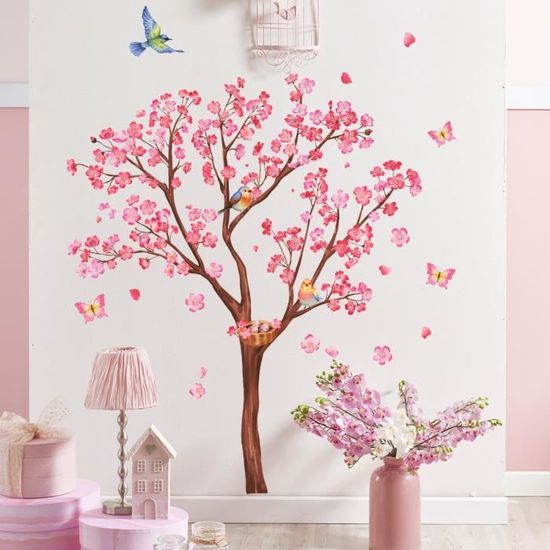 Décalcomanies murales en forme de branches d'arbre et d'oiseaux, autocollants  muraux en fleurs, pour