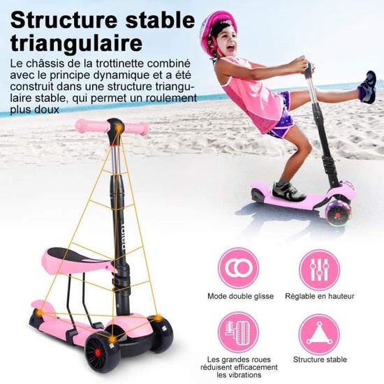 YOLEO Trottinette 5 en 1 Scooter à 3 Roues Rose avec Roues à LED Scooter multi-fonctionnel pour des enfants, bébés - Achat / Vente YOLEO Trottinette 5 en 1 Scooter à 3