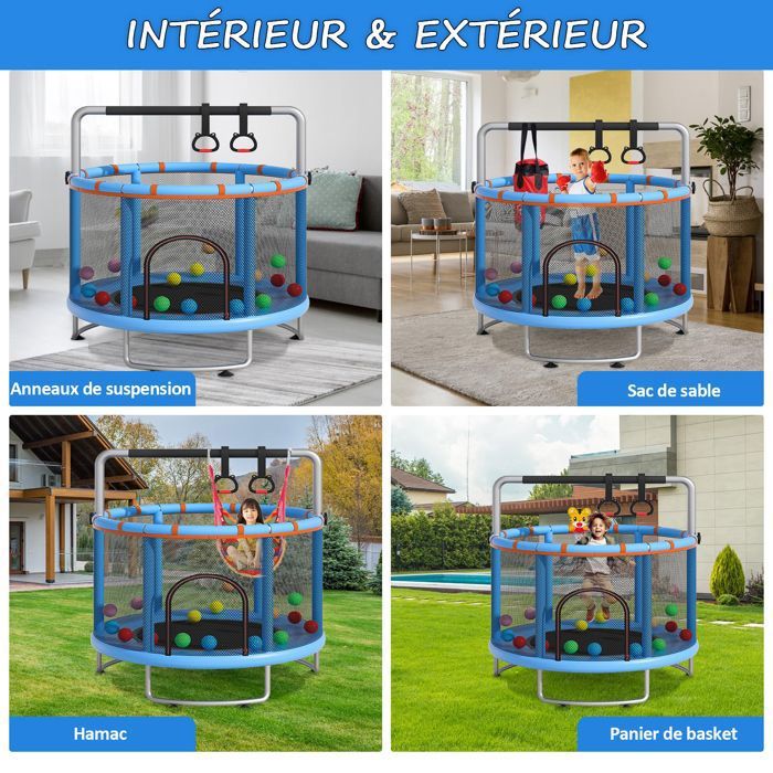 Trampoline Enfant 4 En 1 Extérieur - Avec Balançoire, Panier Basket, Barre Gym - 440 Lbs