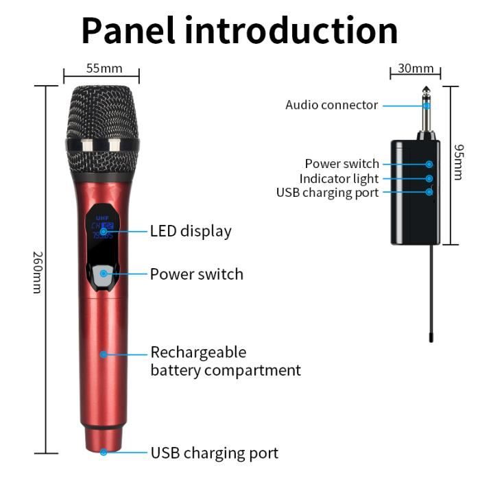 Micro Rouge 2 Micro rouge-Microphone sans fil de charge USB, 8 heures, 2 canaux ...