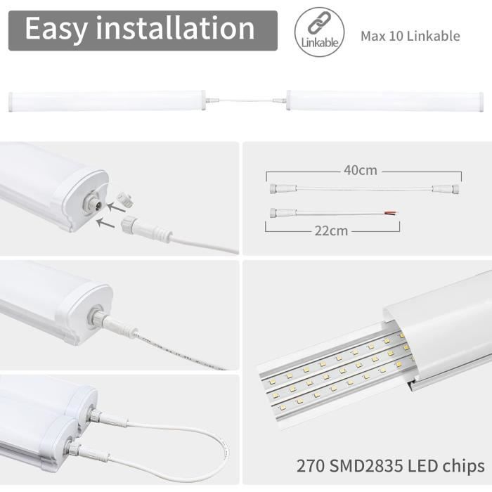 Tube LED Neon URing 120cm - 36W 4000K, IP65, Étanche, Pour Garage, Atelier, Bureau, Lot De 2