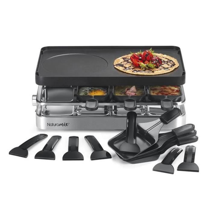 HKoeNIG RP418 - Appareil a Raclette 4 en 1 - 8 personnes - 6 mini crepes -  Grill - Température réglable - 1500W - Plaques amovibles
