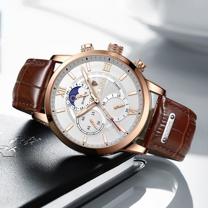 LIGE montre Quartz en cuir pour hommes chronographe tanche