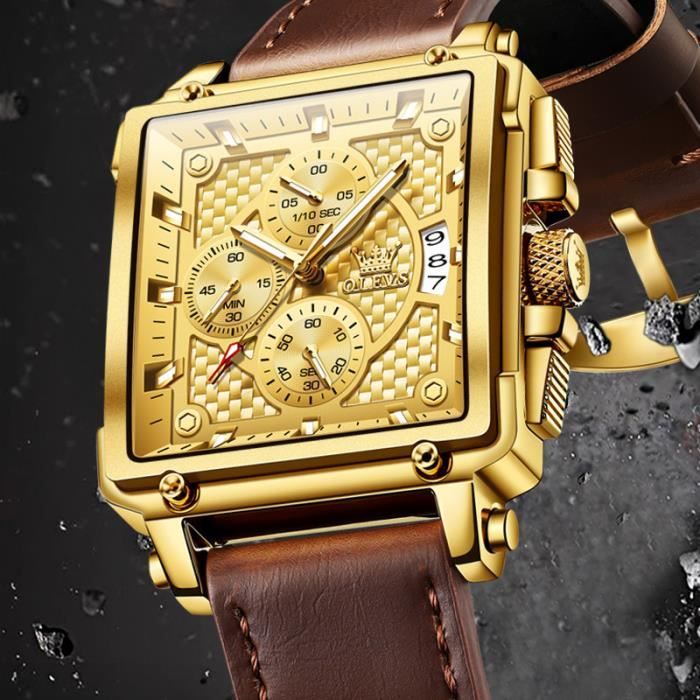 Montre Homme Rectangulaire à Quartz - Cadran Argenté, Bracelet Marron Cuir PU - Neuve Sans étiquette