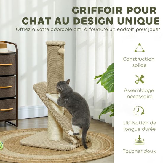 PawHut Poteau Griffoir Chat 86 Cm, Arbre à Chat 3 En 1, Poteau à