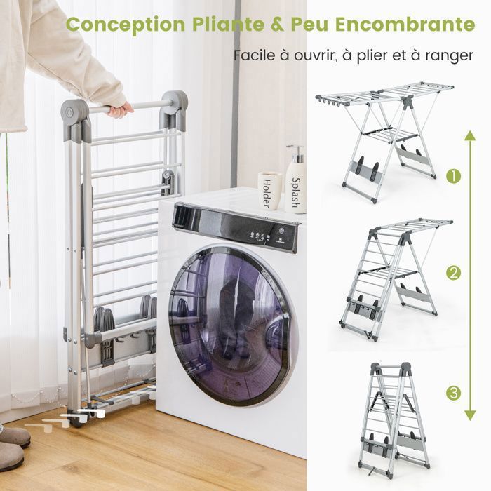Étendoir à Linge Pliable Avec 21 Barres & 10 Pinces - Hauteur Réglable - Intérieur/Extérieur