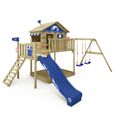WICKEY Aire de jeux Portique bois Smart Coast avec balançoire et toboggan bleu Maison enfant sur pilotis avec bac à sable-0
