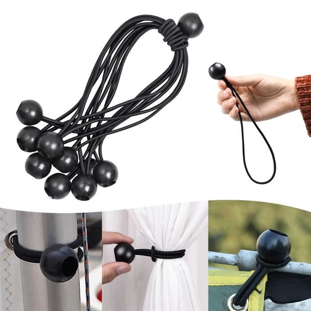 Rockreyoa Lot de 30 cordes élastiques de 4 mm avec boules Tarpaulin String Cord Petites cordes élastiques pour tentes de plein air Charge Blanc 10 cm