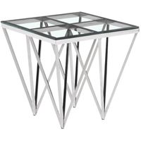 Table d'appoint design en acier inoxydable poli argenté et plateau en verre trempé transparent  L. 55 x P. 55 x H. 52 cm collection