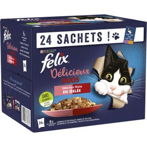 BOITES - PATÉES FELIX Tendres Effilés en Gelée Délicieux Duos Viandes Poissons - 24 x 85 g - Sachets fraîcheur pour chat adulte