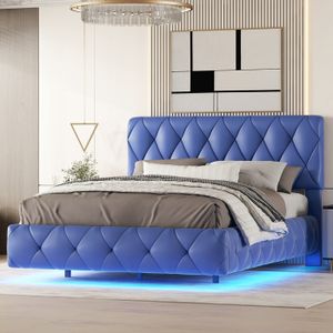 STRUCTURE DE LIT Lit adulte 140x200 cm, Tête de lit rembourrée réglable en hauteur, lit double avec sommier à lattes et éclairage LED, PU - Bleu