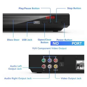 Lecteur DVD pour TV avec entrée HDMI/USB/carte SD, compact HD 1080p,  ascendant toutes les régions, lecteur DVD gratuit avec prise micro unique,  prend en charge le système NTSC/PAL, télécommande (platine)