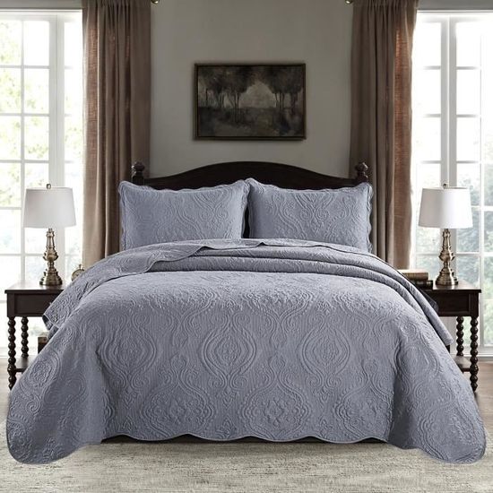 Couvre-lit 2 Personnes 240x260 Cm Gris/Blanc/Rose – Boutis Coton Léger Réversible Luxe Été/Hiver + 2 Taies 50x70