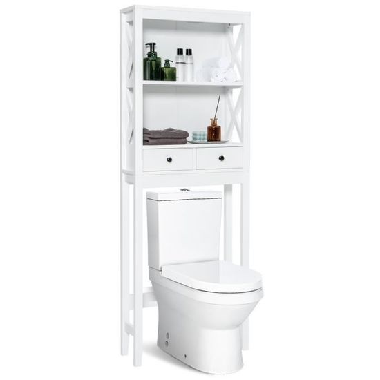 Meuble Rangement WC Blanc - Armoire Étagères Réglables Au-Dessus Des Toilettes