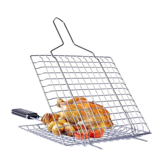 Panier à Barbecue Pliable Pour Poisson Et Légumes – Inox Avec 2 Brosses Et Poignée En Bois – 55x32 Cm, Idéal Camping, Jardin, Pique-nique