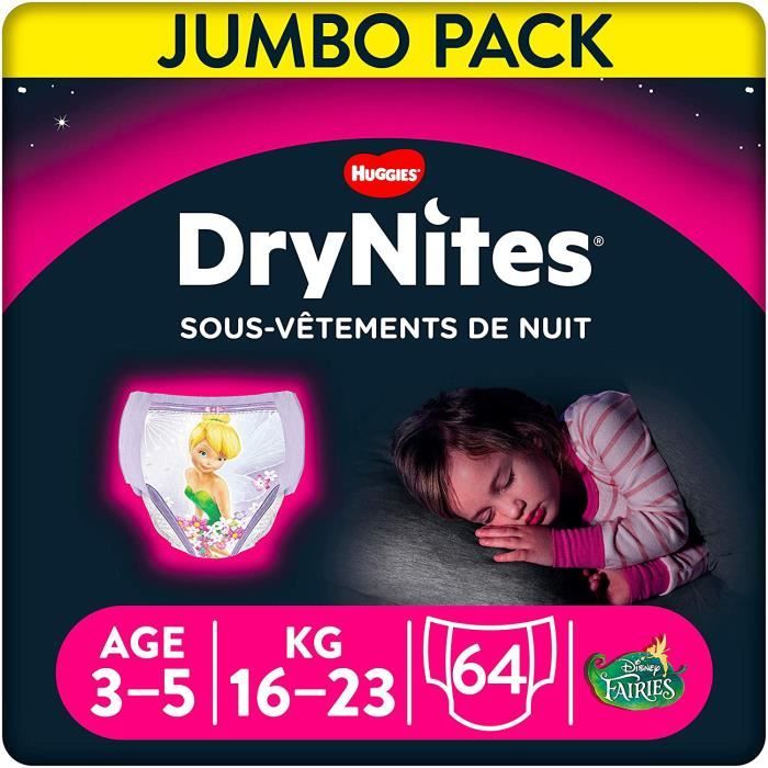 Huggies DryNites, Sous-vêtements de nuit absorbants jetables, Pour filles, Taille : 3-5 ans, 64 culottes