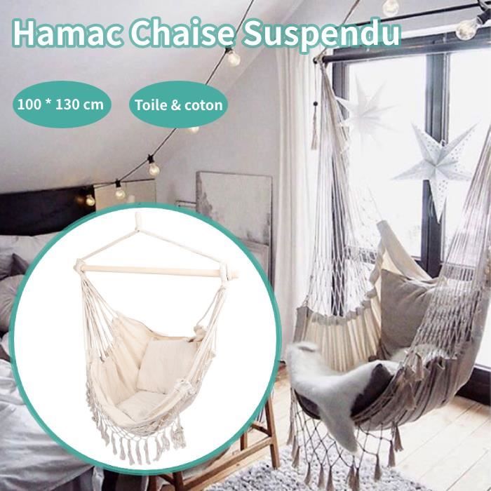 Fauteuil Hamac suspendu design 1 Place Extérieur intérieur avec Coussin confortable en Coton Beige -QNQ