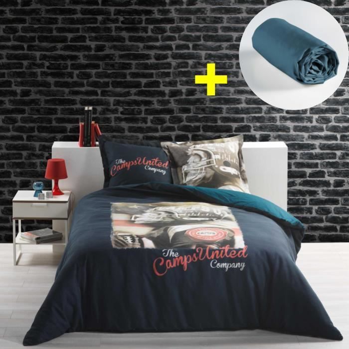 Pack parure de couette 220x240 cm Football 100% coton + drap housse 140x190 cm Bleu