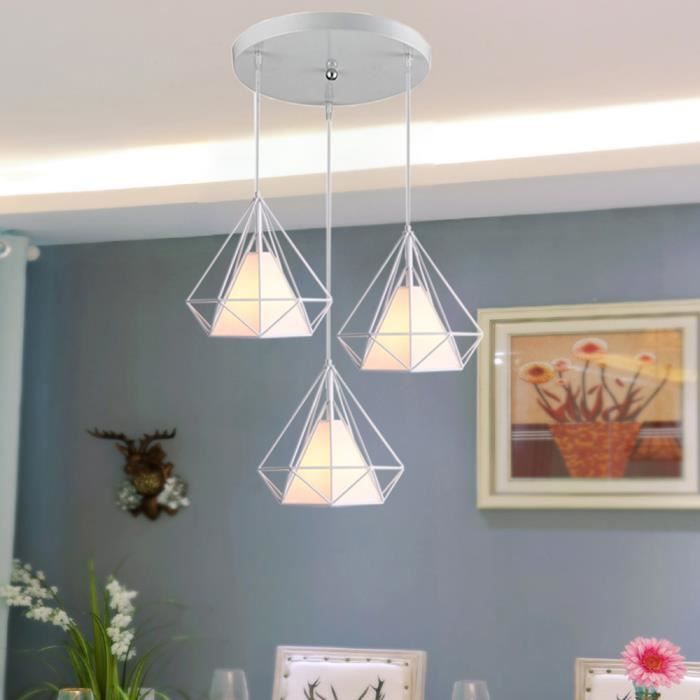 Suspension de 3 Luminaires en Métal E27 Plafonnier Lustre en forme de Diamant Cage Blanc