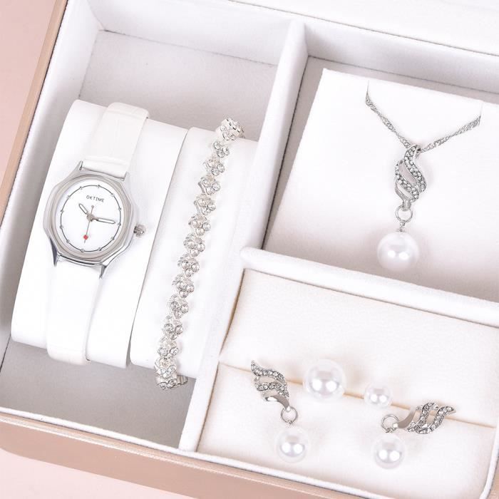 Coffret montre femme + bracelet + collier + des boucles d'oreilles + bague – bijoux femme mode perle diamant
