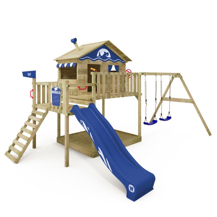 WICKEY Aire de jeux Portique bois Smart Coast avec balançoire et toboggan bleu Maison enfant sur pilotis avec bac à sable