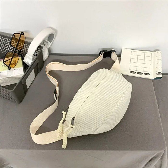 Sac Banane Velours Côtelé Grande Capacité 29x19x10cm - Idéal Voyage, Course, Promenade Chien, Couleur Beige