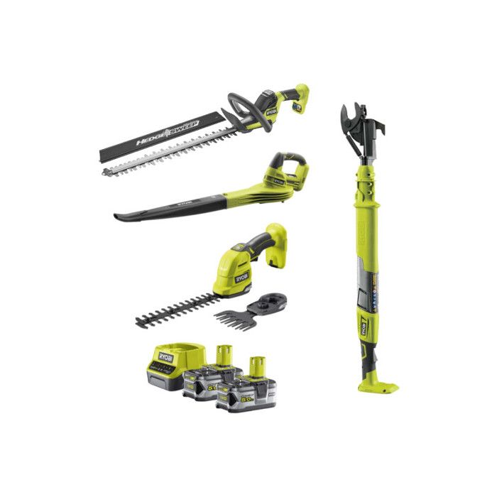 Pack RYOBI 18V Taille haies Cisaille / Sculpteur de végétaux Coupe branches Souffleur 2 Batteries 5 0Ah 1 Chargeur
