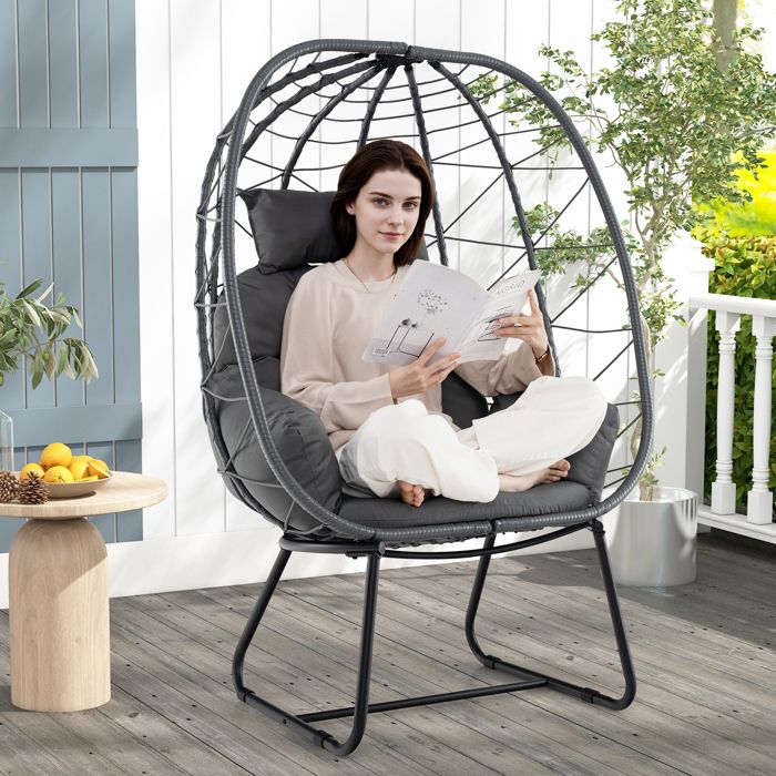 COSTWAY Hamac Fauteuil Œuf en Rotin pour Patio Coussin Amovible Oreiller Chaise en Rotin pour Intérieur et Extérieur Gris