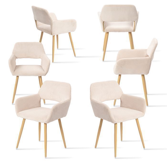 MEUBLES COSY Lot de 6 fauteuils de salle à manger scandinaves avec accoudoirs en velours côtelé beige - CROMWELL