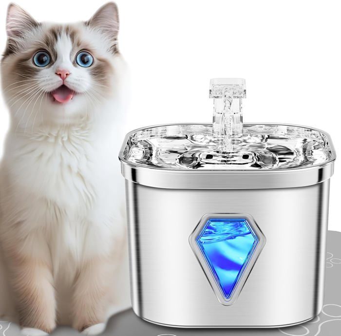 Comparer les prix de Distributeur d'eau pour Chat Acier INOX antibactérien,Alimenté par USB Ultra-Silencieux Fontaine Eau Chat (Argent,Distributeur