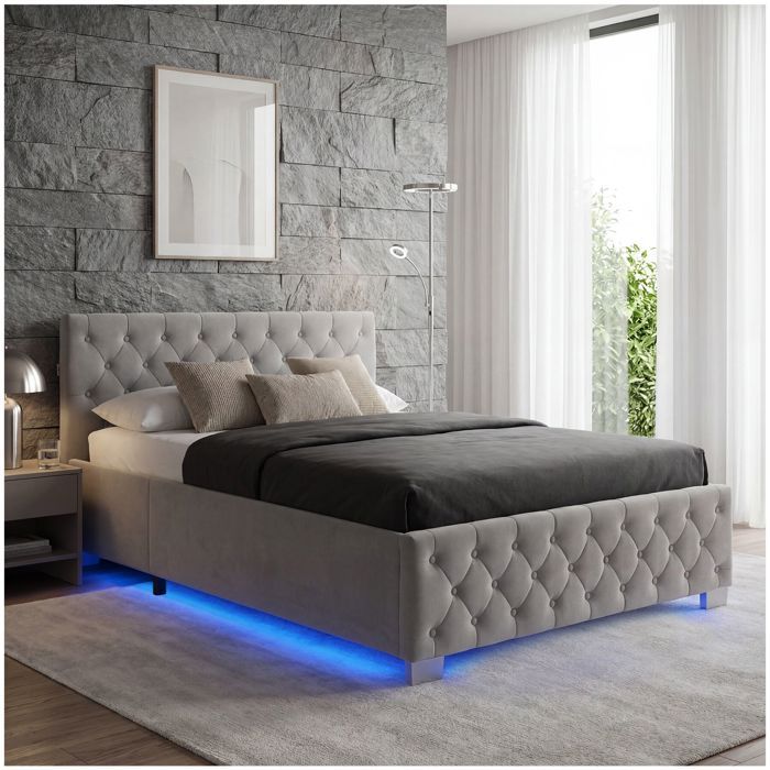 Lit - TECTAKE - Lit coffre SEDONA en bois à laspect velours capitonné avec bandes LED sommier inclus 120 x 200 cm - Gris foncé