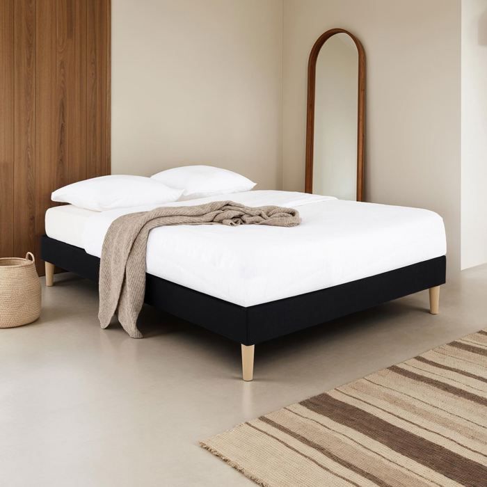 Sommier tapissier BREST 160 x 200 cm structure en bois et revêtement en tissu noir cadre de lit avec pieds Sommier tapissier BREST 160 x 200 cm structure en bois et revêtement en tissu noir cadre de lit avec pieds