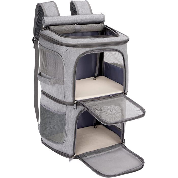 Comparer les prix de Sac à Dos de Transport pour 2 Chats jusqu'à 12 kg,Sac de Transport 2 en 1 pour 2 Chats/Petits Chiens,Respirant et Pliable,Gris