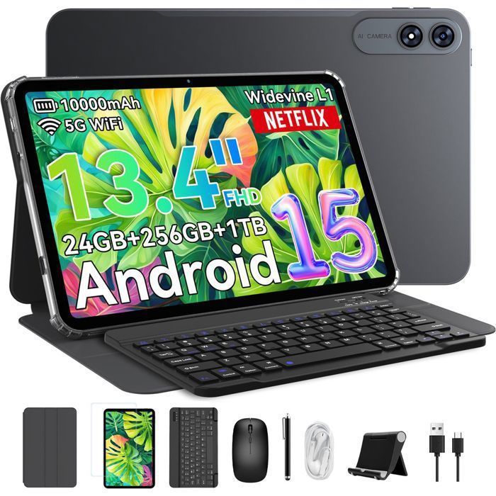 VekfulPC T60 Pro Tablette 134Android 1524Go RAM 256Go ROMIPS 1920×12005G Wi‑Fi10000 mAhWidevine L1avec Clavier Stylet