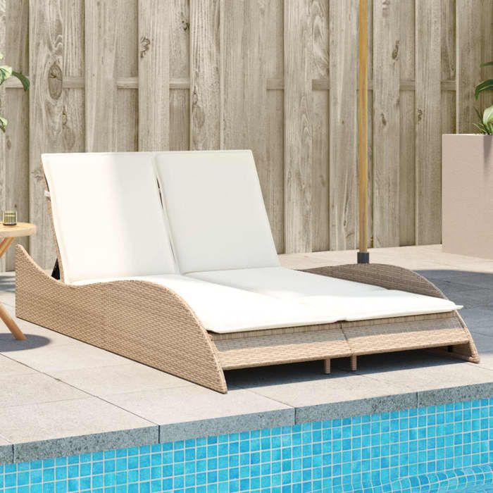 22885& Bains de soleil avec coussins beige 114x205x73 cm résine tressée - L114 x P205 x H73 cm - tissu 100 % polyester