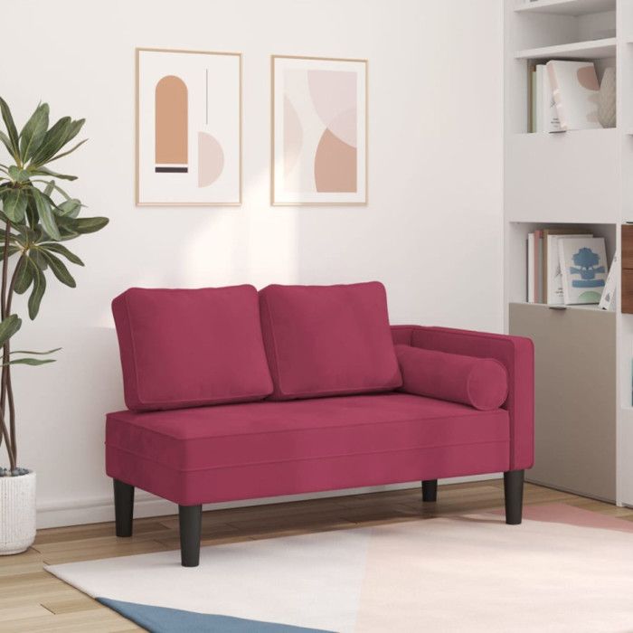 Chaise longue - Rouge bordeaux - Velours doux - Coussin lombaire - Confort optimal