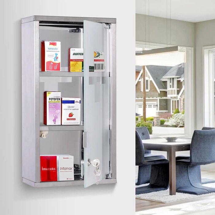 Armoire à pharmacie verrouillable 2 étagères en acier inox 25 x 12 x 48 cm avec verre trempé Armoire à pharmacie verrouillable 2 étagères en acier inox 25 x 12 x 48 cm avec verre trempé