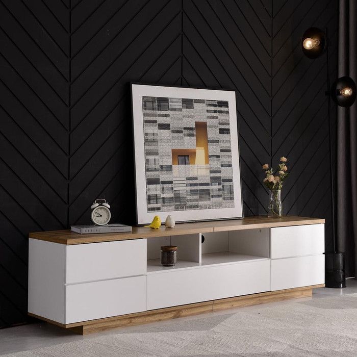 Meuble TV 180 cm moderne color block en finition blanche Meuble TV haut avec veinage bois Meuble salon
