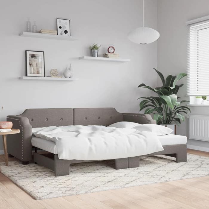 Lit de jour avec gigogne - UU - Taupe - 90x200 cm - 223x100x66 5 cm - 223x192 5x66 5 cm - Tissu polyester - Bois massif