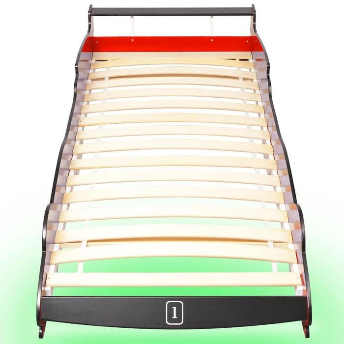 Lit voiture de course pour enfants - WIENS - LED - 90x200 cm - Rouge - Cadre en MDF - Lattes en bois - 225x94x38 cm