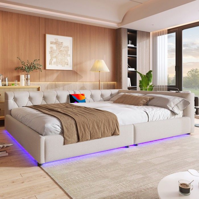 Canapé-lit Méridienne 140x200 cm Lin Beige Tête Capitonnée Éclairage LED Télécommande et Ports USB-C Sommier à Lattes-Sans Matelas