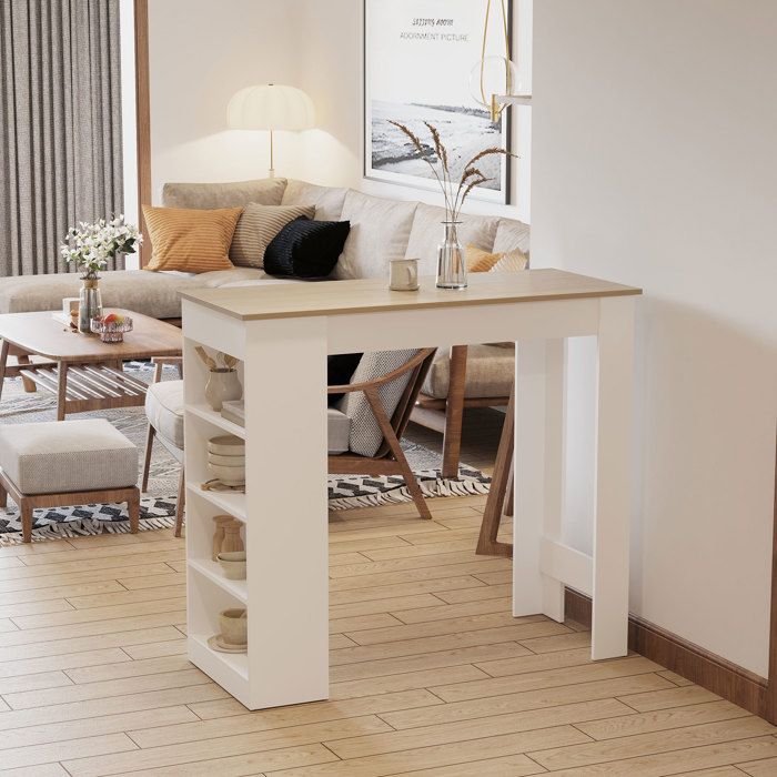 Table de bar pour 2 personnes table haute mange debout avec 4 étagères ouvertes 115x50x1027cm blanc et bois naturel