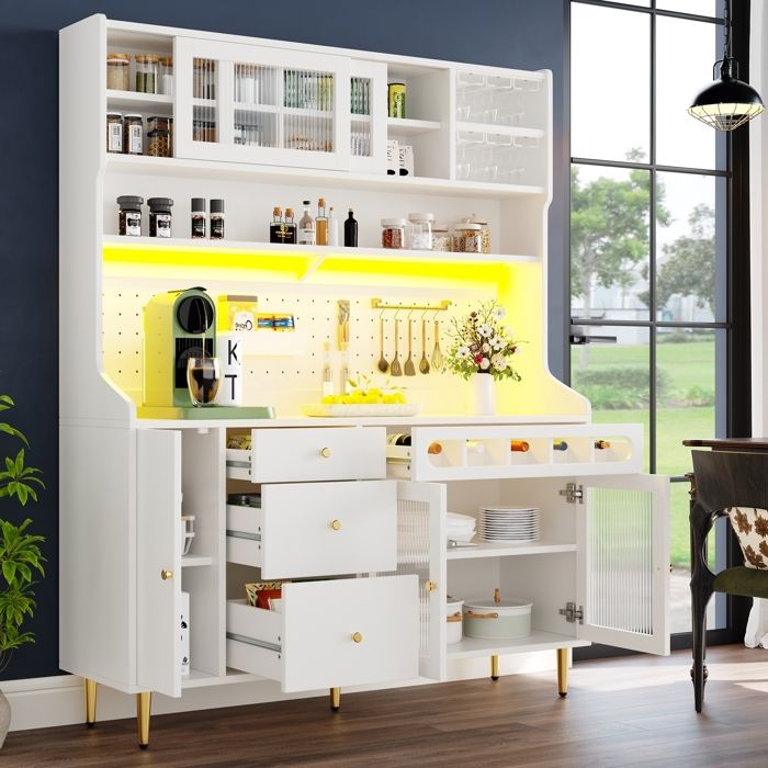 Armoire de cuisine - buffet - pour le salon- salle à manger - avec étagères réglables - avec éclairage LED -145×39×171cm -blanc